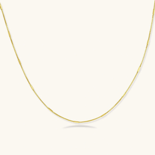 Delicate 14K gold-plated box chain necklace with evenly spaced bar links, shown flat on cream background.